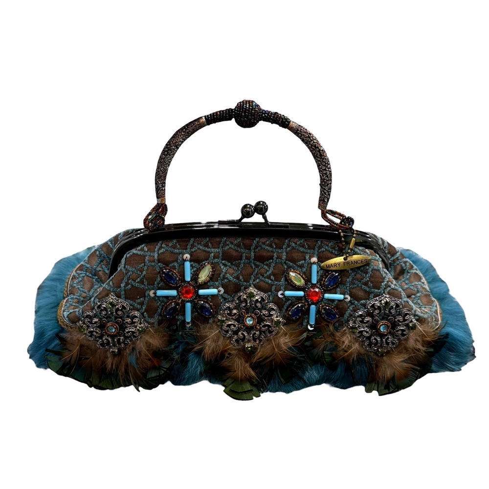 Mary Frances Beaded Feather Fur Evening Clutch Handbag Blue Brown Jeweled Purse - Picture 2 of 16